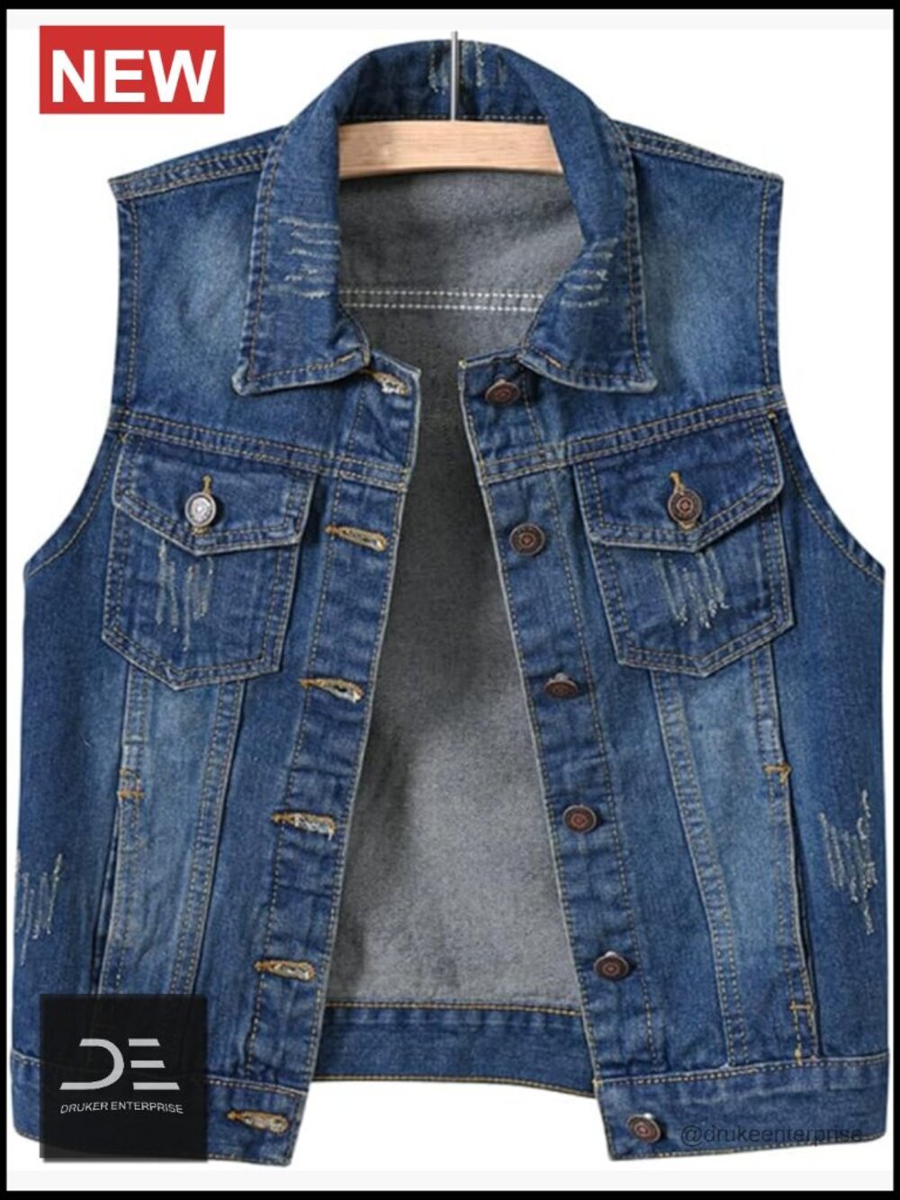 Casual Denim Waistcoat Frayed Sleeveless Ripped Jacket Vest with Pockets